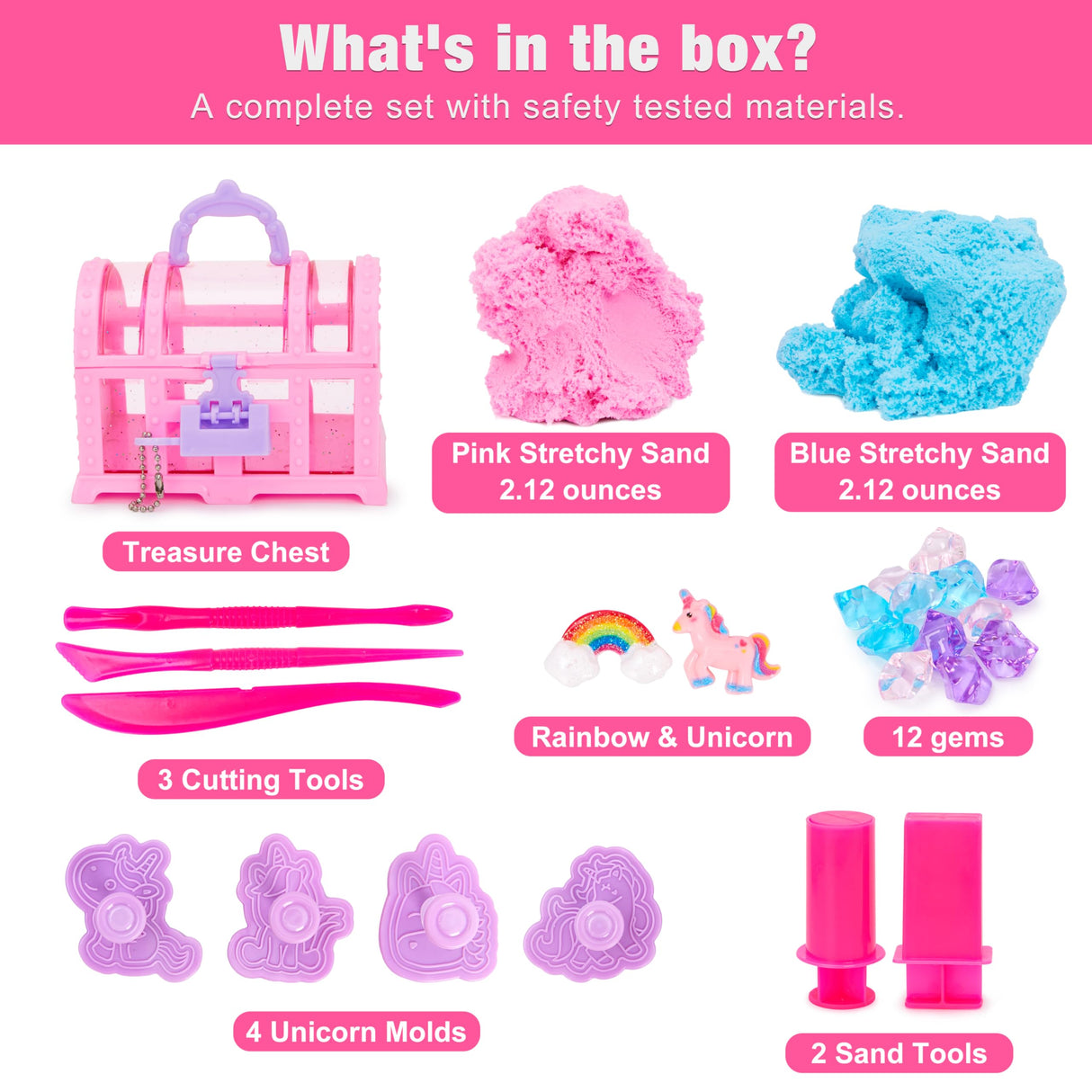 Carolart Unicorn Stretchy Cloud Sand,Blue & Pink Play Sand,Treasure Chest with Sensory Sand,Stretchable,Moldable,Expandable Cloud Slime,Tactile Fun Sensory Kit, Sensory Toys for Kids Ages 3+ Carolart