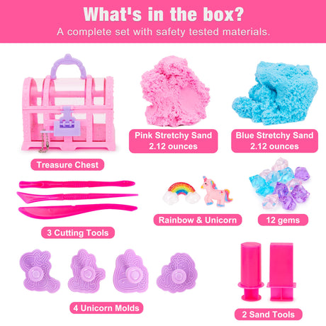 Carolart Unicorn Stretchy Cloud Sand,Blue & Pink Play Sand,Treasure Chest with Sensory Sand,Stretchable,Moldable,Expandable Cloud Slime,Tactile Fun Sensory Kit, Sensory Toys for Kids Ages 3+ Carolart