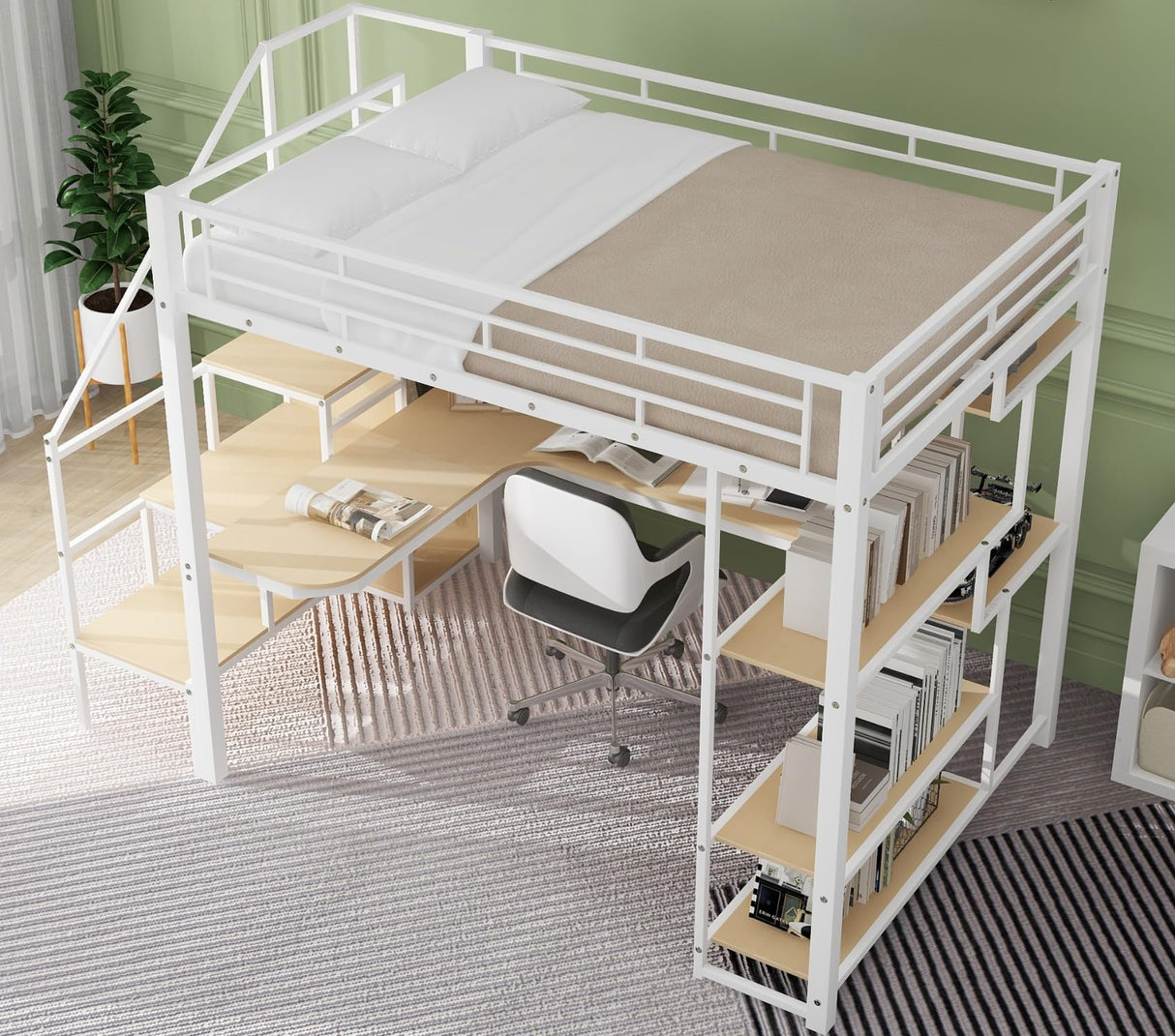 Merax Metal Full Size Loft Bed Frame with Built-in Desk & Storage Stair & Shelves & Wardrobe for Kids, No Box Spring Needed, White Merax