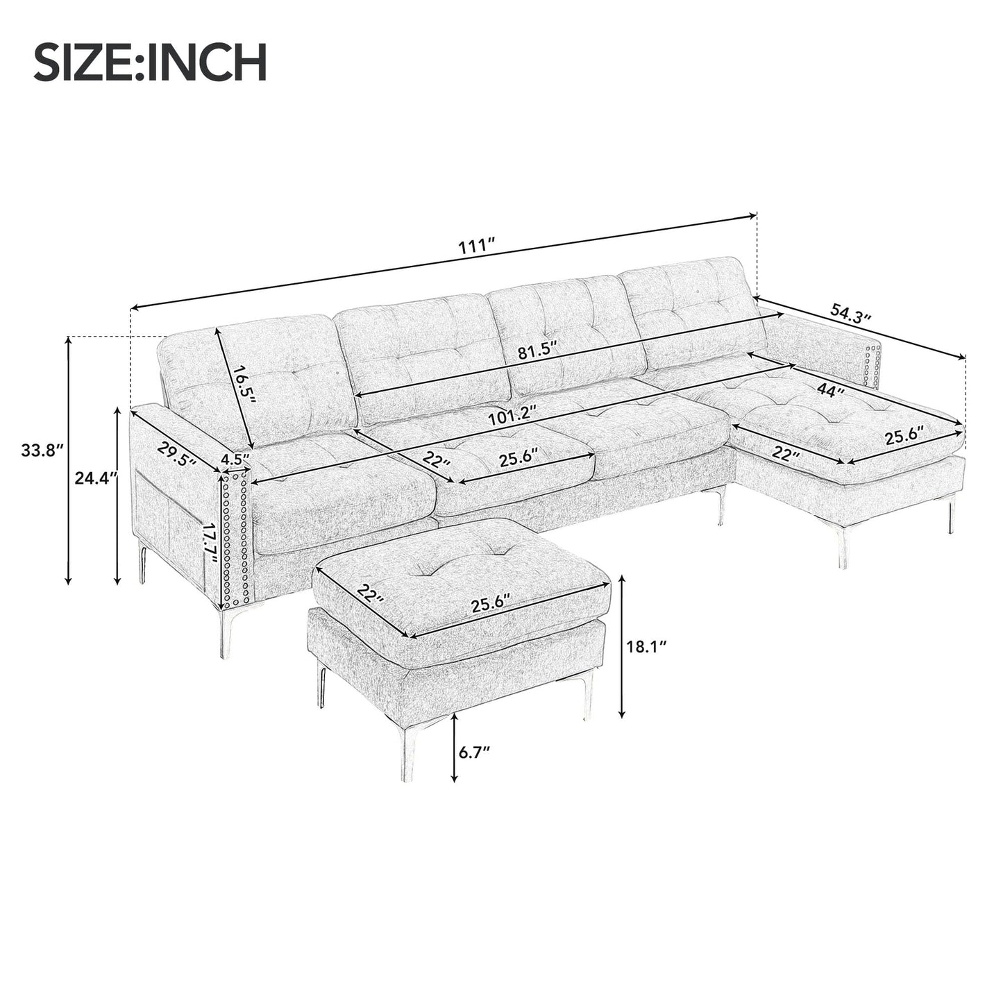 U-Shaped Reversible Modular Sectional Sofa Couch with Movable Ottoman and Chaise Sets, 5 Seater Velvet Upholstered Convertible Sofa Leisure Lounge w/ Nailhead Trim for Living Room Apartment Office