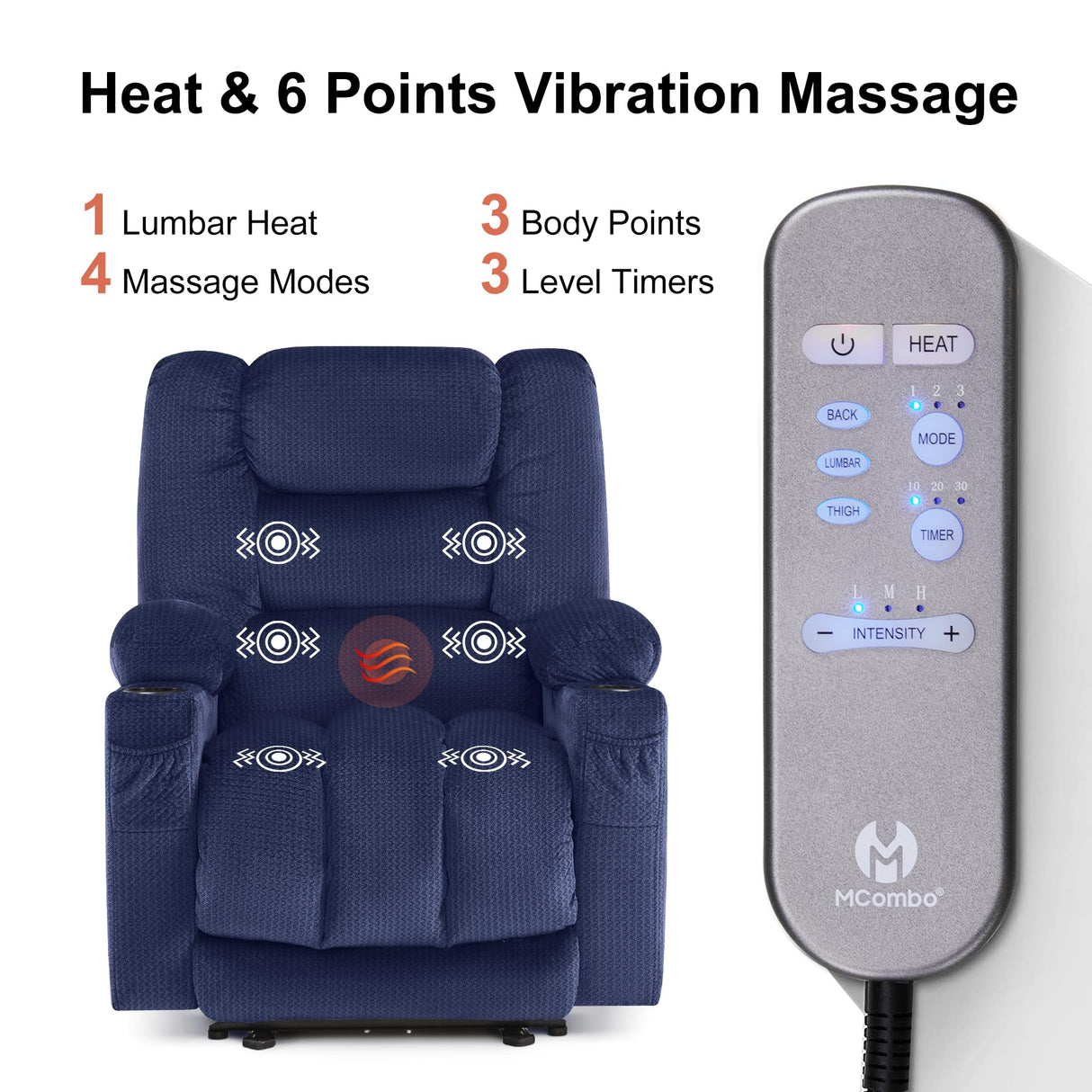 MCombo Zero Gravity Power Recliner Chair with Heat and Vibration Massage, Reclining Chair with USB & Type C Ports, Cup Holders for Living Room, Fabric 6079 (Navy Blue Medium 21.2" Seat Width) MCombo