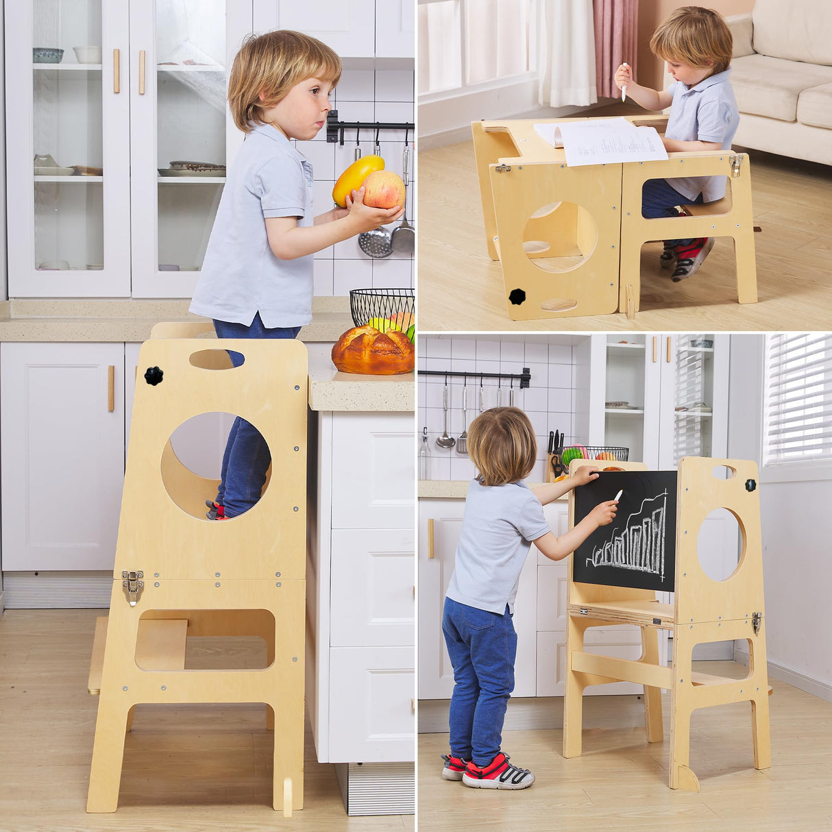 Foldable 4-in-1 Study Tower with Chalkboard for Learning, Montessori Kitchen Step Stool Toddlers Folding Stool for Kids 1-6years Ideal Helper FANABAS