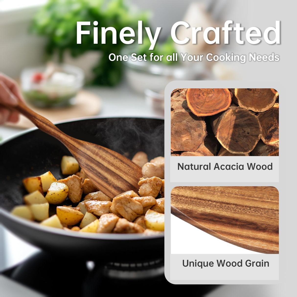 KARRYOUNG Acacia Wood Spoons for Cooking Set of 6, Wooden Cooking Utensil Set, Wooden Spatula, Slotted & Pasta Spoon, Solid Wood Cooking Spoons KARRYOUNG