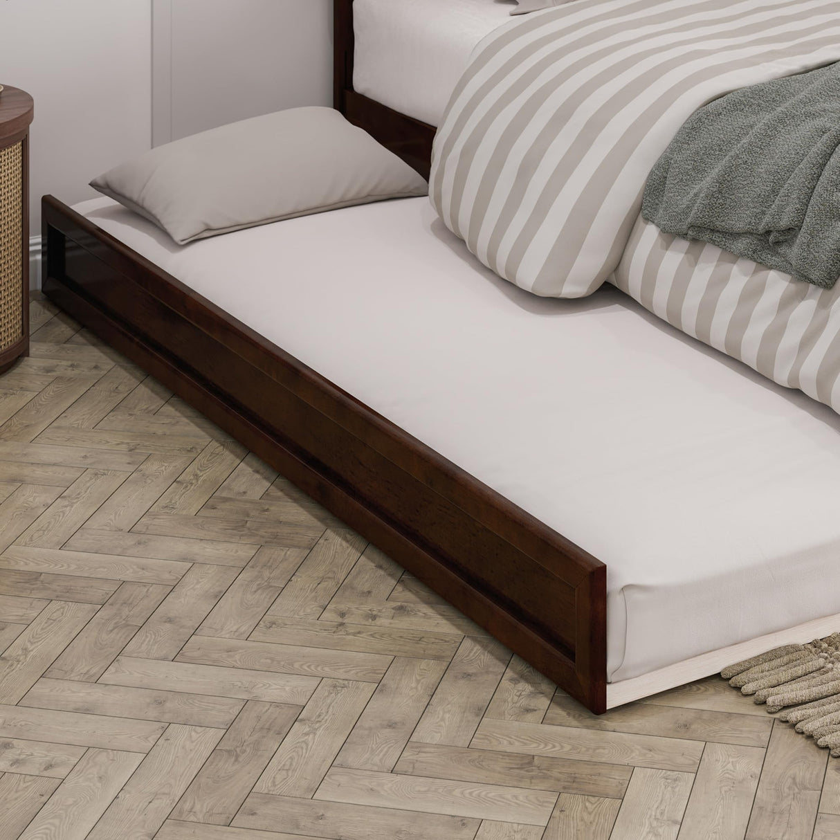 AFI, Wesley King Platform Bed with Panel Footboard & Twin XL Trundle, Walnut AFI