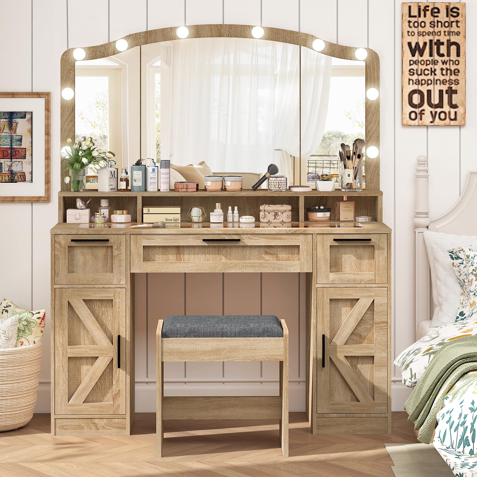 usikey Farmhouse Vanity Desk with Large Lighted Mirror and 10 Lights, 43.3" Glass Tabletop Makeup Vanity with 3 Drawers, Large Vanity Tabel Set with Long Storage Shelf, 2 Cabinets and Stool,  - WoodArtSupply