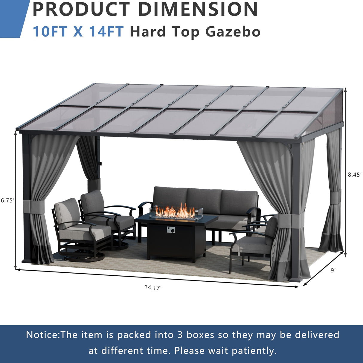 ALAULM 10'x 14' Outdoor Hardtop Pergola,Wall Mounted Lean to Gazebo with Curtains and Netting,Galvanized Metal Frame,Sunshade for Patio, Backyard, Deck and Lawns-Gray ALAULM
