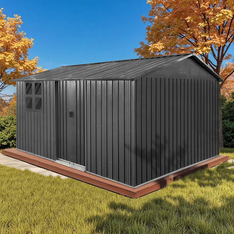 12x10 Ft Storage Shed Outdoor, XL Permanent Steel Building with Window, Sliding Doors and 4 Air Vents for Backyard Garden Patio Lawn - Black LINKHOO
