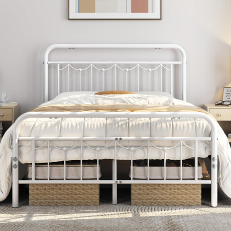 Yaheetech Full Size Metal Bed Frames with Vintage Headboard and Footboard, Farmhouse Metal Platform Bed, Heavy Duty Steel Slat Support, Ample Under-Bed Storage, No Box Spring Needed, White Yaheetech