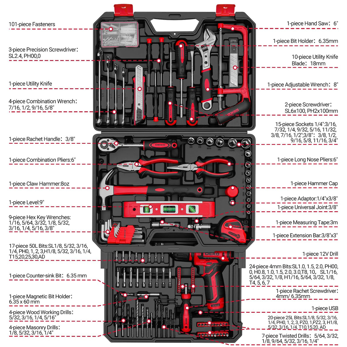 Drill Tool Set：Tool Kit with 12V Power Cordless Drill Hand Repair Tools Box with Drill, Home Tool Kits for Men & Women, Hand Drill Set Perfect for Homeowner, Diyer, Handyman - Red DEKOPRO