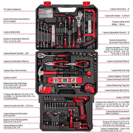 Drill Tool Set：Tool Kit with 12V Power Cordless Drill Hand Repair Tools Box with Drill, Home Tool Kits for Men & Women, Hand Drill Set Perfect for Homeowner, Diyer, Handyman - Red DEKOPRO