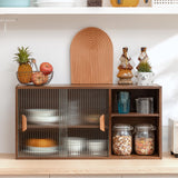 HollyHOME Bamboo Wall Mounted Kitchen Sideboard with 2 Sliding Glass Door, Freestanding Wall Storage Cabinet with Side Shelf for Bottle, Dish, Bowl, Console Dining Cupboard, Walnut HollyHOME