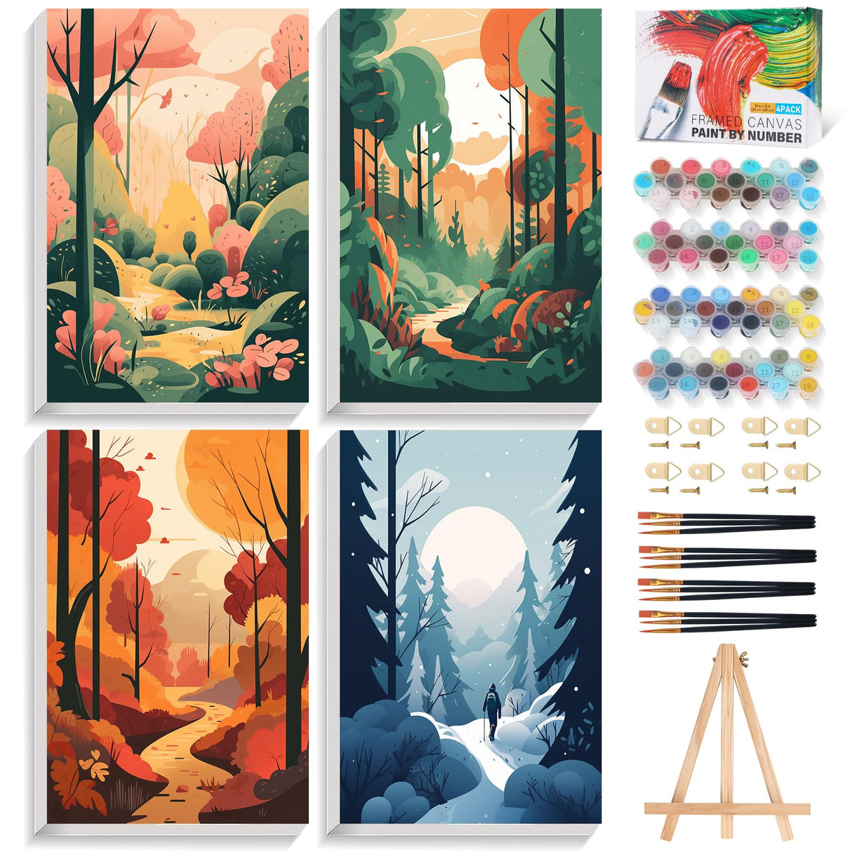 Offito 4 Pack Framed Paint by Numbers Kit for Adults Beginners with Wooden Easel, Four Seasons Easy Paint by Number Kit with Frame, Watercolor Adult Paint by Number Framed Canvas (8 * 12 Inch) Offito