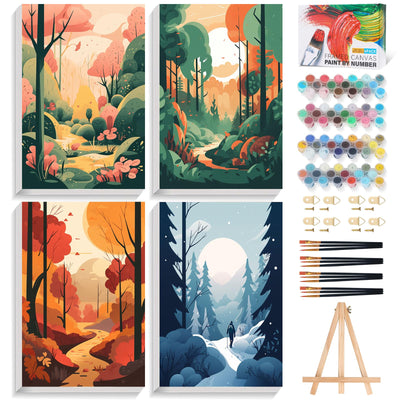 Offito 4 Pack Framed Paint by Numbers Kit for Adults Beginners with Wooden Easel, Four Seasons Easy Paint by Number Kit with Frame, Watercolor Adult Paint by Number Framed Canvas (8 * 12 Inch)