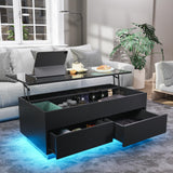 LED Coffee Table with Lift Top Morden Coffee Table with Storage High Gloss Black Sofa Table for Living Room Center Tables Hidden Compartment & 2 Drawers HOMMPA