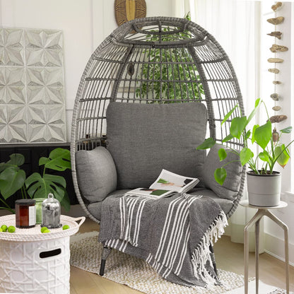 Barton Oversized Egg Style Wicker Chair Canopy Stationary & Seat Cushions Patio Lounge Basket, Grey