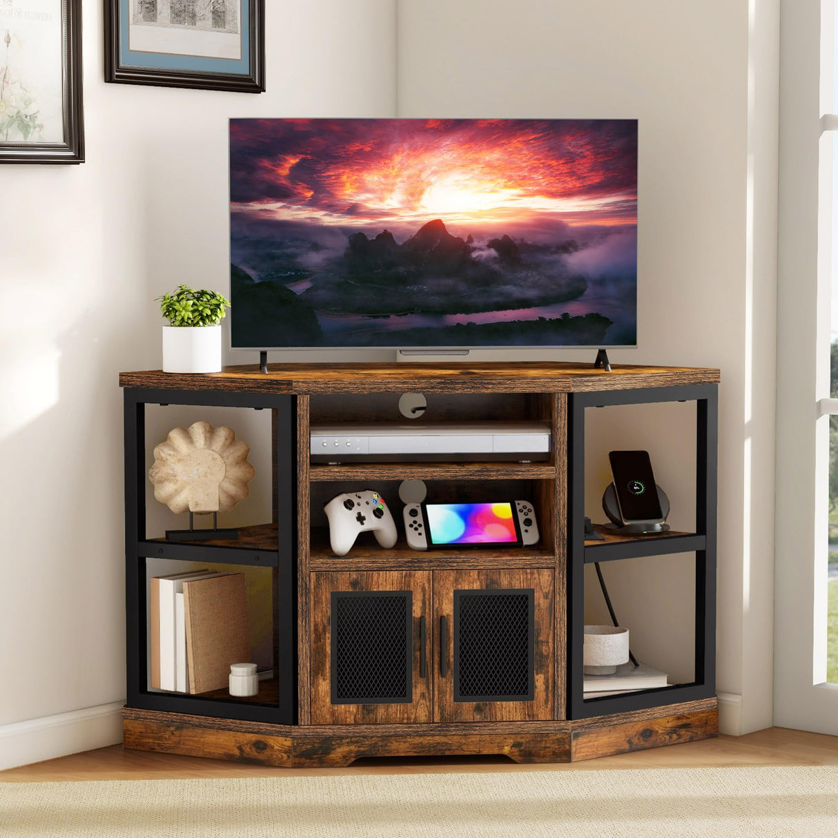 DWVO Farmhouse Corner TV Stand for Living Room, TV Stand for 55 Inch TV, Entertainment Center with Storage and Power Outlet, TV Console Cabinet, Rustic Brown DWVO