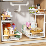 PXRACK 2 Pack Under Sink Organizer,Adjustable Height,2 Tier Pull Out Under Cabinet Organizer,Slide Out Thickened Metal Under Sink Storage for Kitchen Bathroom Laundry Cabinet Pantry,White PXRACK