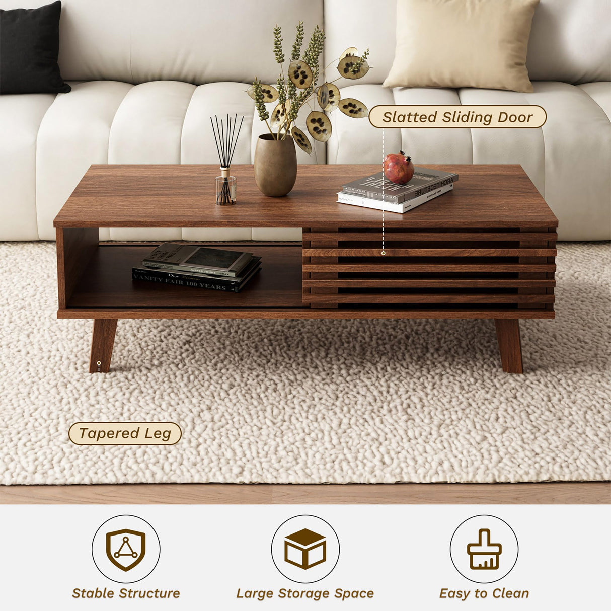 MAISONARIA Mid Century Coffee Table with Storage & Sliding Fence Door, Modern Coffee Tables for Living Room, Walnut Finish MAISONARIA