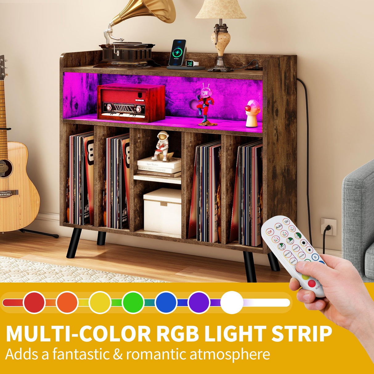 DWVO Large Record Player Stand, Turntable with Power Outlets & LED Lights, Vinyl Record Player Table with Album Storage, Turntable Stand with Record Storage Shelf for Living Room, Brown DWVO