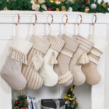 GEX Christmas Stockings 6 Pack for Family 20" Large Rustic Farmhouse Country Xmas Stockings with Tassels Hanging Ornament Decorations for Fireplace Xmas Season (Beige, Set of 6) GEX