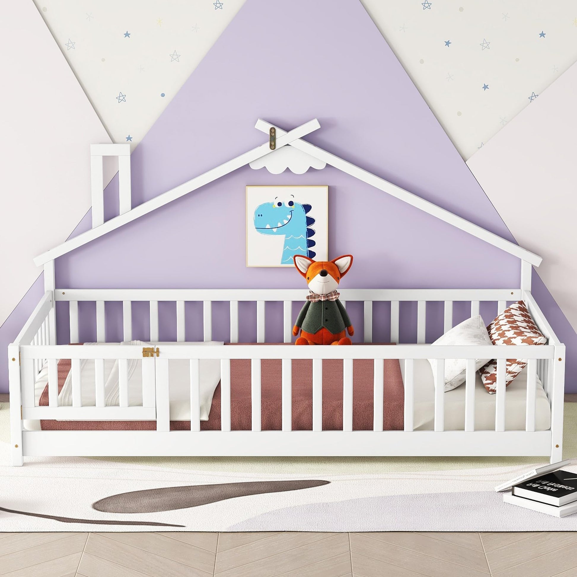 Harper & Bright Designs White Twin Montessori Floor Bed Frame with House-Shaped Roof and Guardrails - WoodArtSupply