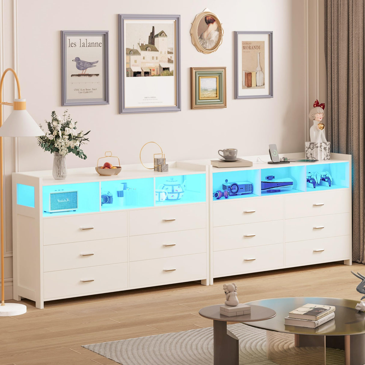 White Dresser for Bedroom with 6 Drawers, LED Dressers & Chests of Drawers with Power Strip, Modern Dressers Wide Storage for Bedroom Closet Whalefall