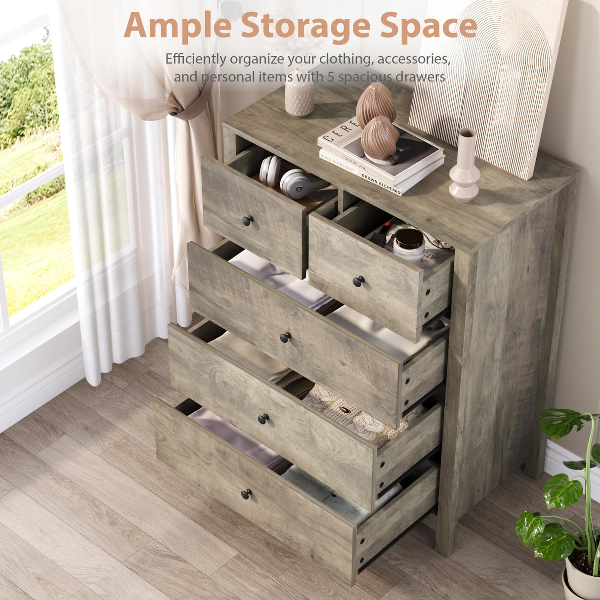 GarveeHome Grey 5 Drawer Dresser for Bedroom, Modern Tall Dresser Organizer with Storage Drawers, Wooden Chests of Drawers for Bedroom, Entryway, Hallway, Home Office GarveeHome