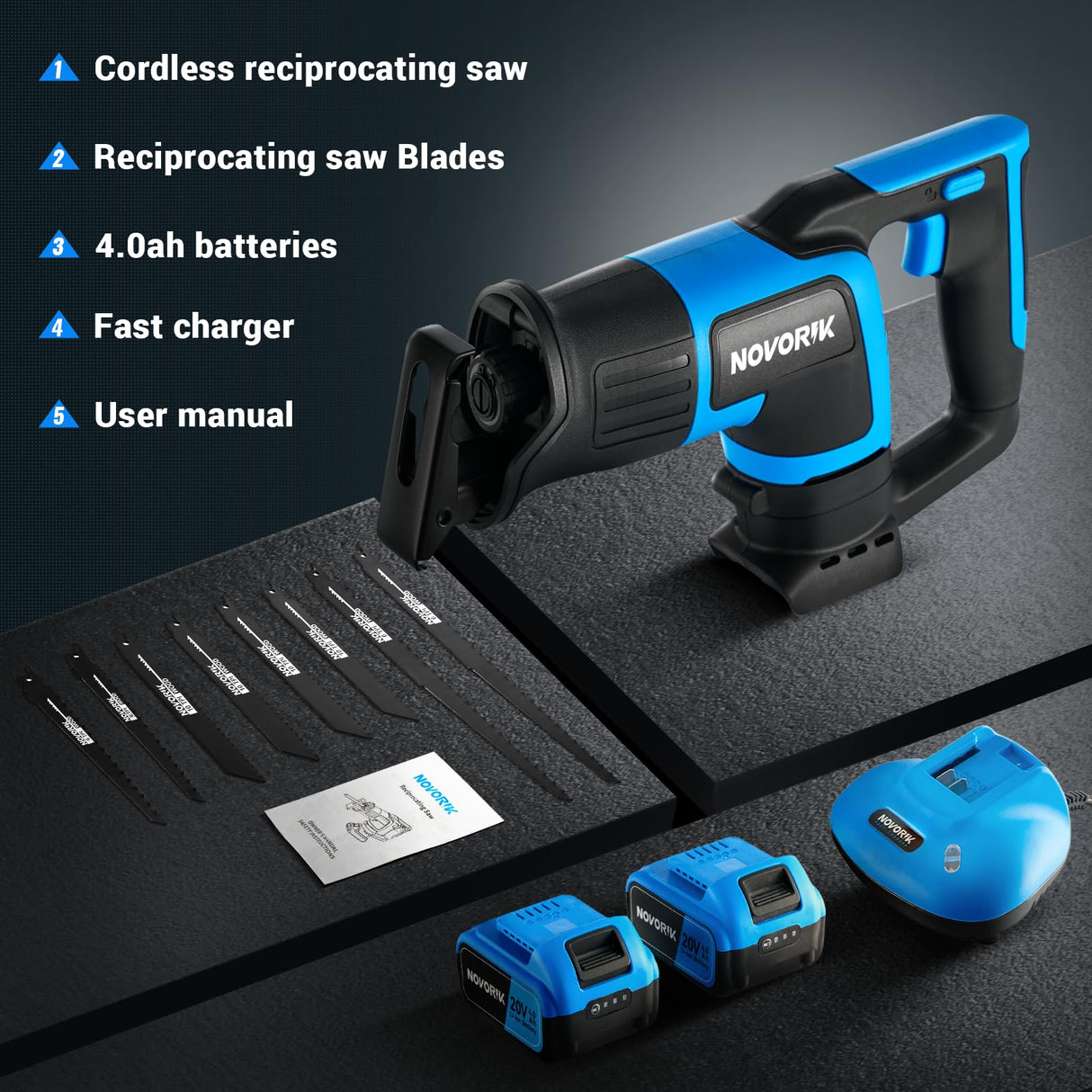 NOVORIK 20V Cordless Reciprocating Saw, 3000 SPM, 22mm Stroke, 2 x 4.0Ah Battery, 8 Saw Blades for Wood, Metal, PVC Cutting novorik