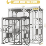 ROOMTEC Outdoor Catio with Roof 71.3" Height Large Wooden Cat Enclosure with 3 Jumping Platforms and 2 Napping Houses Cat Cage for Cat Activity (White) ROOMTEC