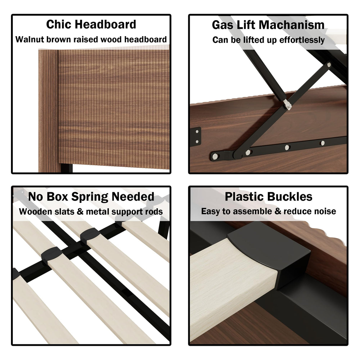 Lift Up Storage Bed King Size, King Bed Frame with Headboard and Lift Storage System, Wood Headboard with Wing-Back and Convex Groove Board Design Bellemave