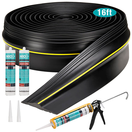 KINTOREX 16 Feet Garage Door Seals Bottom Rubber Threshold & Weather Strip with 2 Glue Bottles & Caulking Gun - Garage Floors DIY Weather Stripping Replacement Kintorex