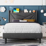 Feonase Twin Bed Frame, Upholstered Bed Frame with Charging Station, Wingback Storage Headboard, No Box Spring Needed, Noise-Free, Dark Gray Feonase