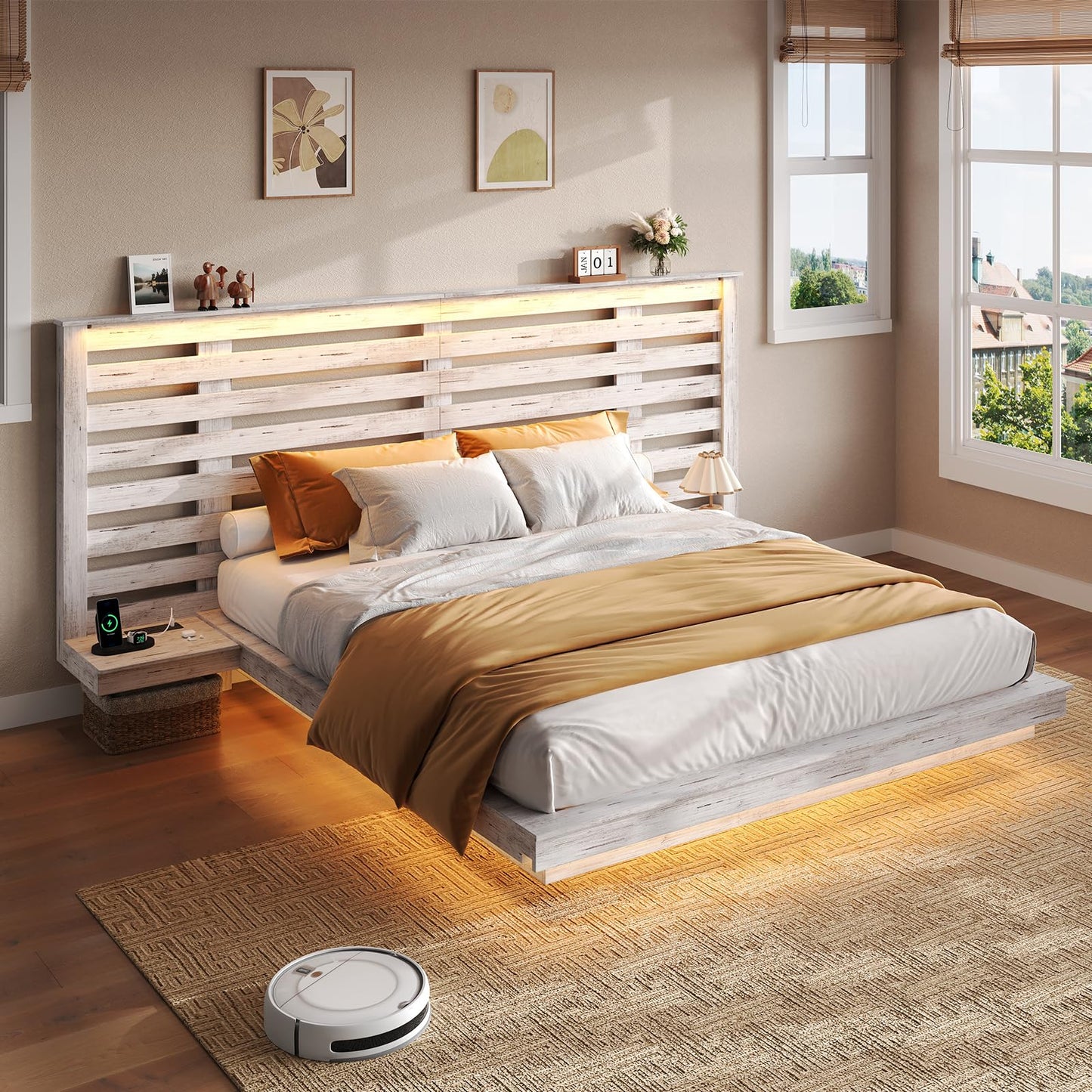 AMERLIFE Distressed White Floating Queen Bed Frame with Integrated Nightstands, LED Lights & Charging Station - WoodArtSupply