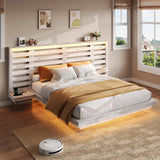 AMERLIFE Distressed White Floating Queen Bed Frame with Integrated Nightstands, LED Lights & Charging Station AMERLIFE