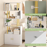 Yusong Geometric Bookcase with Cabinet, S Shaped Bookshelf 5-Tier Book Shelves for Bedroom, Modern Wood Decorative Display Shelf Tall Book Case for Home Office, Gold and White Yusong