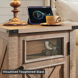 JXQTLINGMU Farmhouse End Table with Charging Station, 18'' Rustic Nightstand with Barn Door & Adjustable Shelf, Wooden Sofa Side Table with 3-Tier Storage for Living Room, Bedroom, Light Brown JXQTLINGMU