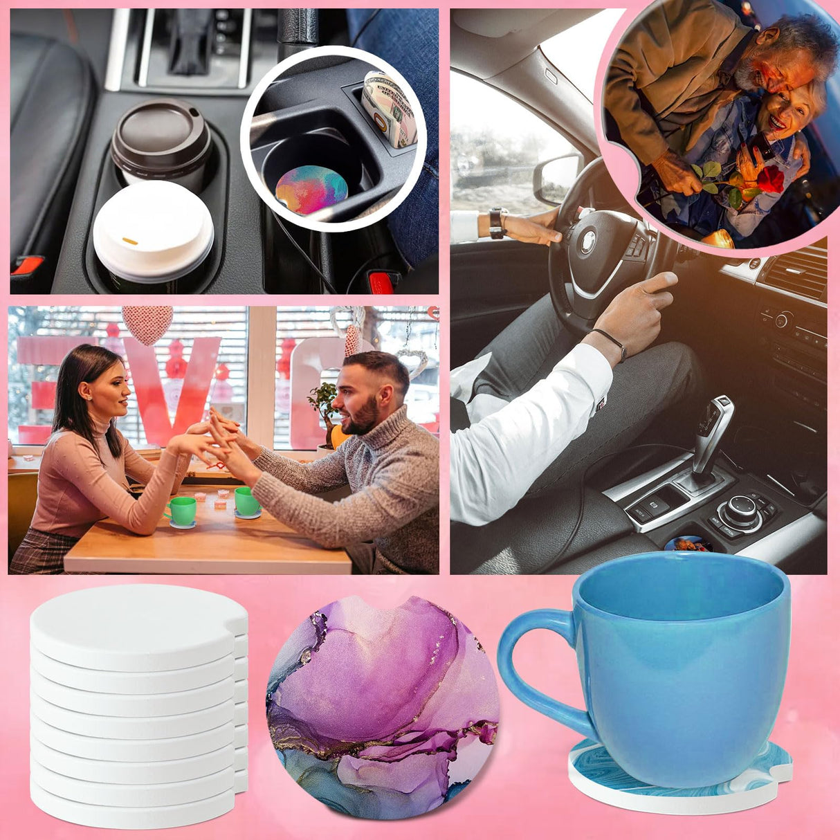 Ceramic Sublimation Blanks Car Coasters for Car Cup with Finger Notch for Easy Removal Ceramic Car Cupholder Auto Cupholder Keep Vehicle from Cold Drink Sweat Stain Spill (12) BOMSI