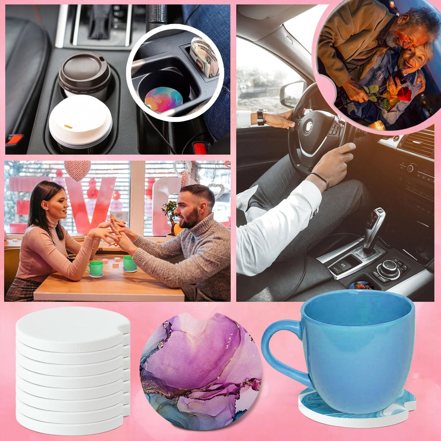 Ceramic Sublimation Blanks Car Coasters for Car Cup with Finger Notch for Easy Removal Ceramic Car Cupholder Auto Cupholder Keep Vehicle from Cold Drink Sweat Stain Spill (12)