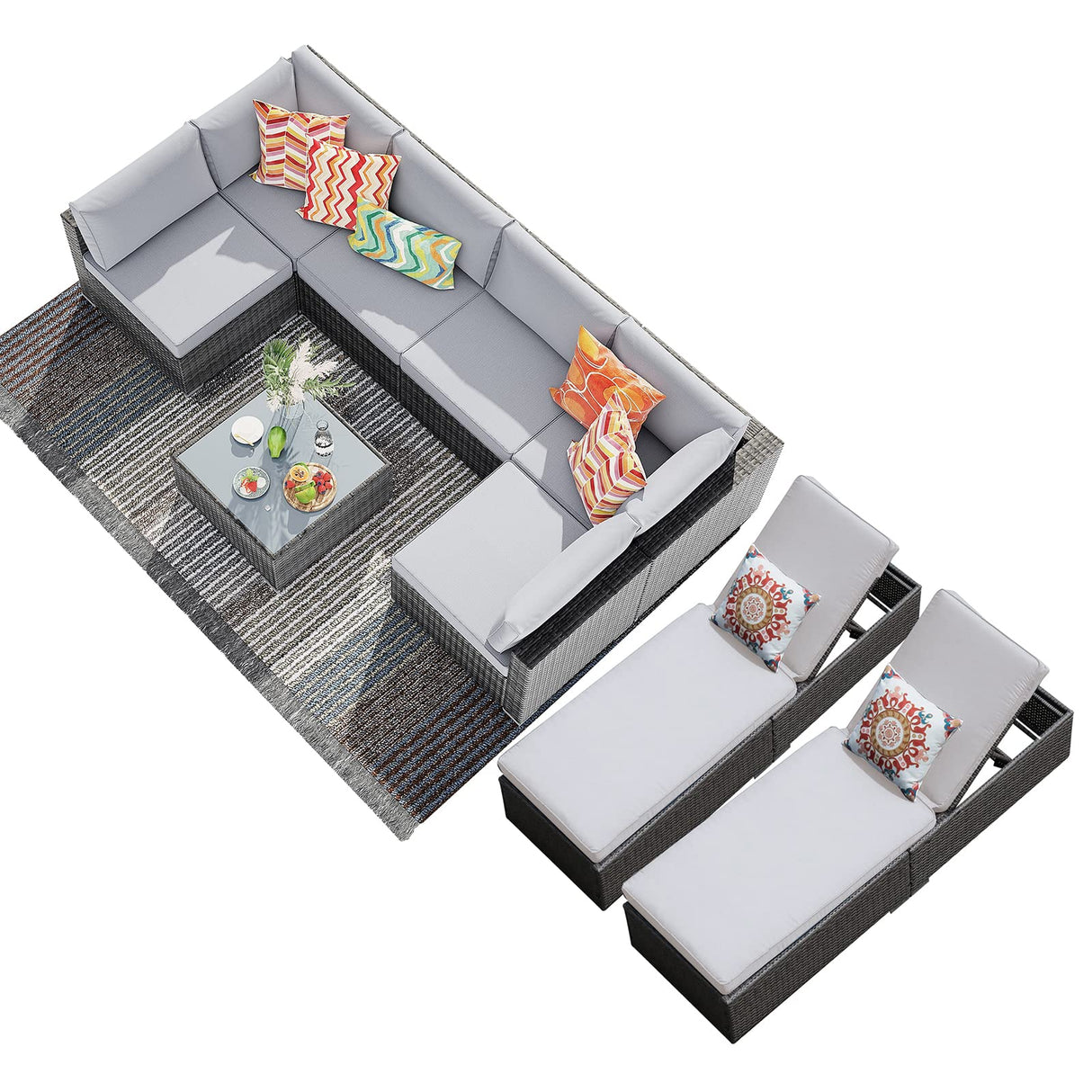 Patiorama 9 Pieces Outdoor Patio Furniture Set,All Weather Grey PE Wicker Rattan Sectional Conversation Set W/Adjustable Chaise Lounge Chair of 2 and Coffee Table,for Porch Garden,Light Grey Cushion Patiorama