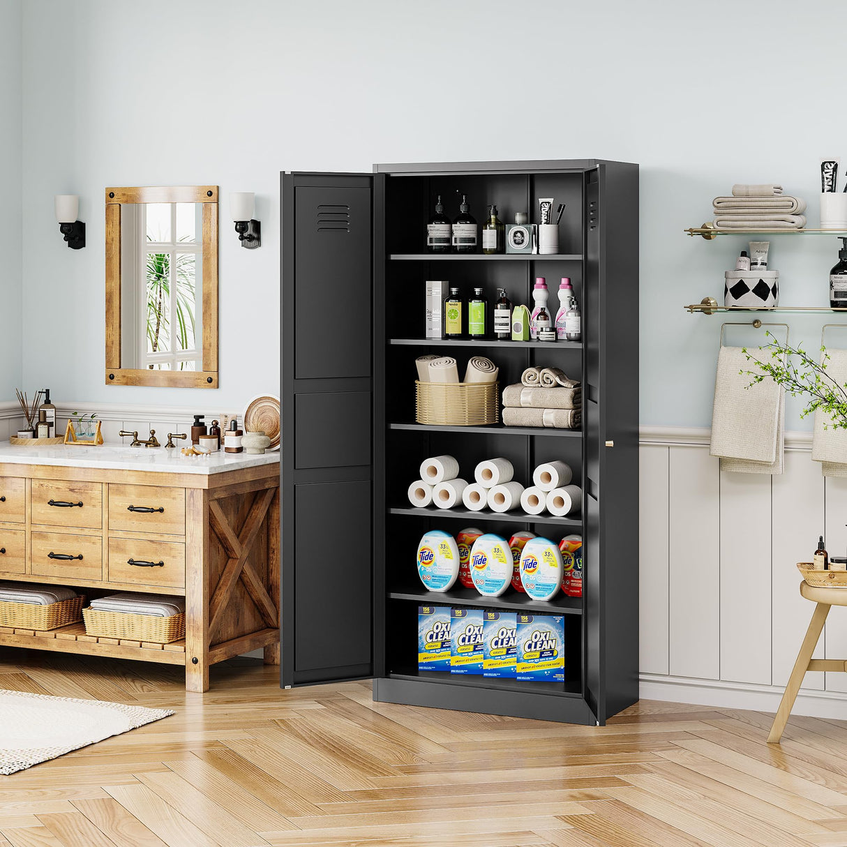 BYNSOE 71'' Kitchen Pantry Storage Cabinet with 5 Adjustable Shelves Metal Pantry Storage Cabinet with Ventilation Cupboard Cabinet for Kitchen, Living Room Dinning Room Bathroom. (Black, 71 inch) BYNSOE