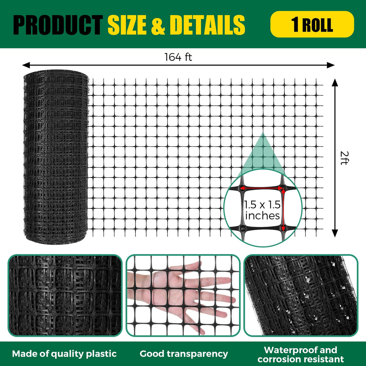 Preboun Plastic Mesh Fence 2 x 164 ft Plastic Safety Fence Roll Reusable Animal Construction Barrier Netting Temporary Pool Fencing Snow Fence for Construction Animal Garden Fencing(Black) Preboun