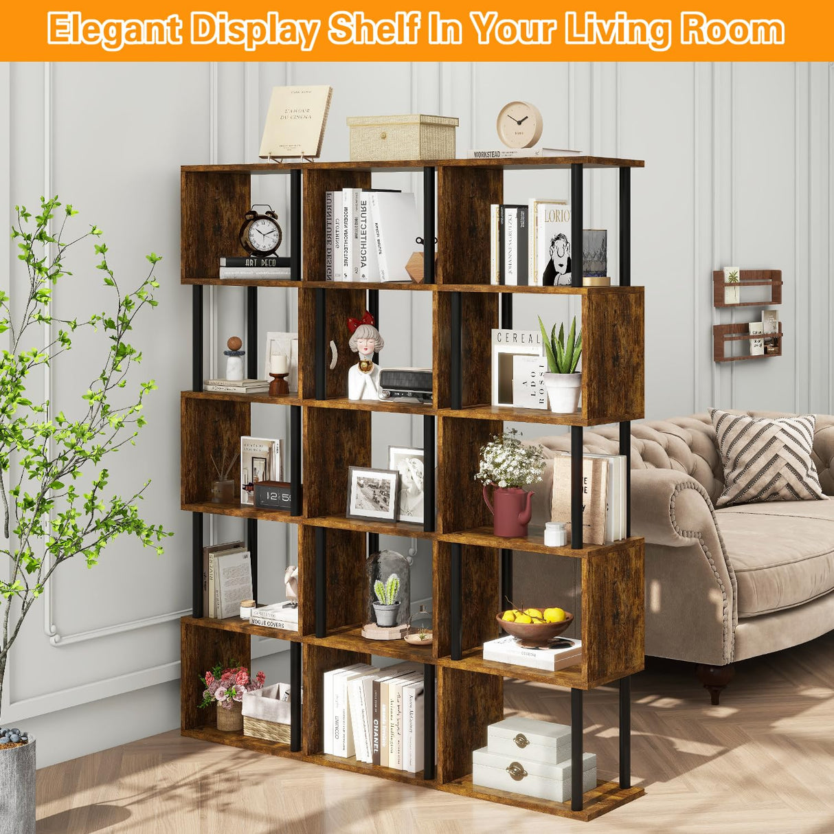 IBUYKE 6-Tier Tall Bookshelf,S-Shaped Geometric Bookcase, Wood Display Shelves with Storage,Industrial Bookshelf for Living Room Bedroom, Home Office, Rustic Brown WBC016H IBUYKE