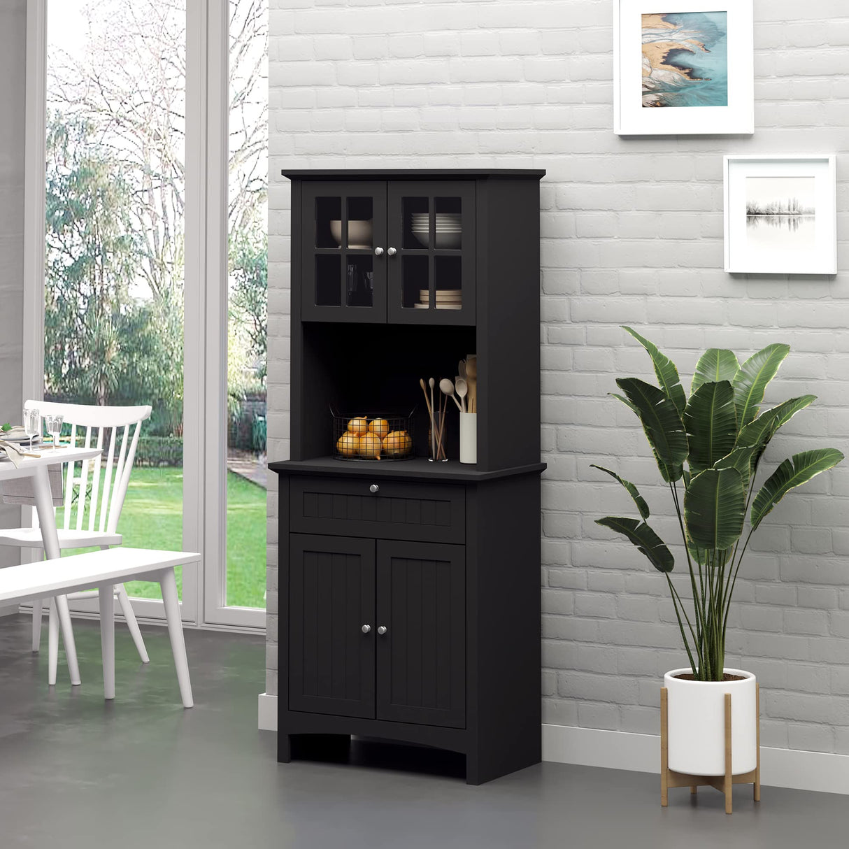 HOMCOM Elegant Buffet with Hutch, Kitchen Pantry Storage Cabinet with Framed Glass Door Drawer and Microwave Space, Black HOMCOM