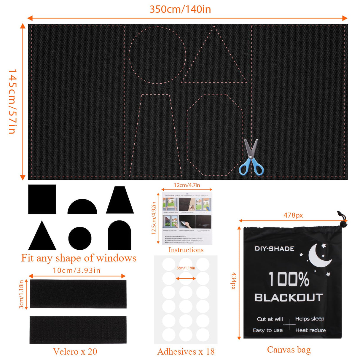 Blackout Blinds 138" x 57", 100% Blackout Curtains for Window, 420D No Drill Portable Black Out Shades Film for Bedroom, Cut to Any Size, Nursery Black Out Blinds for Baby Travel Temporary, 20 Velcro Bszatan