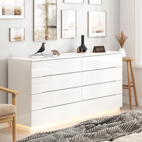 Homsee Large 8 Drawer Double Dresser with LED Light, Modern Dresser Chest of Drawers with High Gloss Surface for Bedroom, White (63”W x 15.7”D x 30.9”H) Homsee