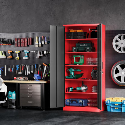 Garage Storage Cabinet with 5 Adjustable Shelves,Metal Storage Cabinet with Lock,Red Black Metal Cabinet with Locking Doors,Steel Cabinet,71" Lockable Storage Cabinet for Home,Office,Garage Cabinets