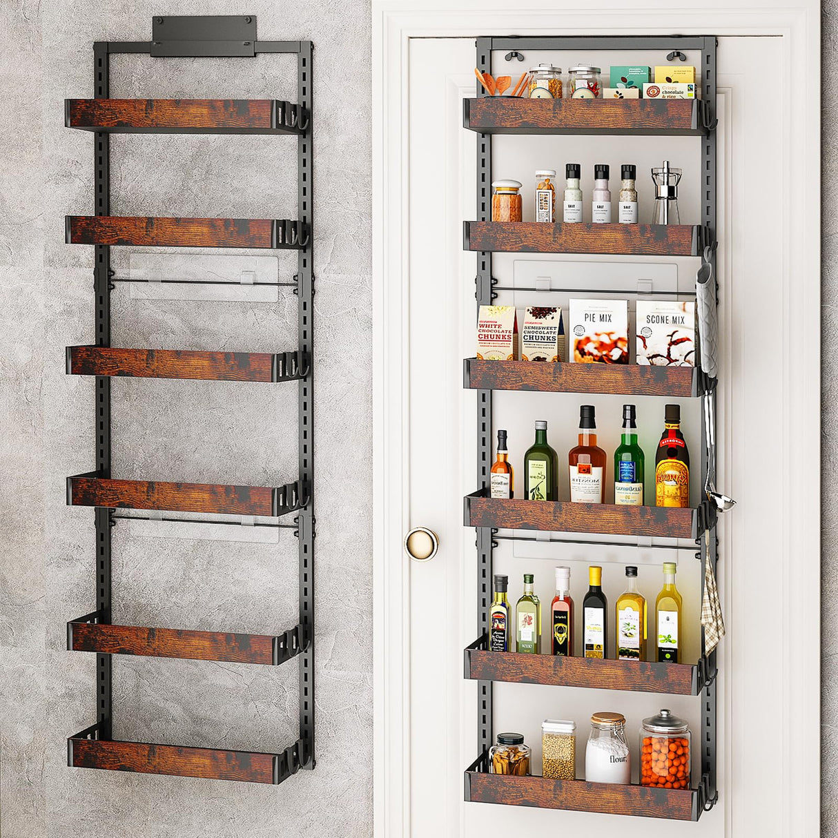 bukfen Over the Door Pantry Organizer, 6-Tier Adjustable Wooden Basket Kitchen Pantry Door Organization and Storage, Heavy-Duty Metal Hanging Kitchen Spice Rack,D6.3 x W17.71 x H50.60 inch,1 Pack bukfen