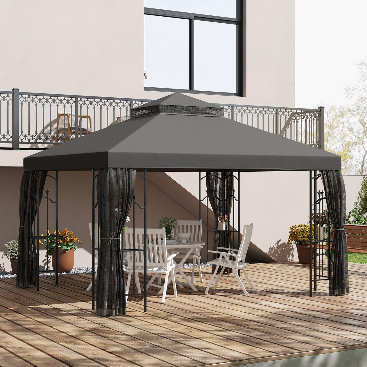 Outsunny 10' x 12' Patio Gazebo with Corner Frame Shelves, Double Roof Outdoor Gazebo Canopy Shelter with Netting for Patio, Wedding, Catering & Events, Gray Outsunny