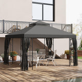 Outsunny 10' x 12' Patio Gazebo with Corner Frame Shelves, Double Roof Outdoor Gazebo Canopy Shelter with Netting for Patio, Wedding, Catering & Events, Gray Outsunny