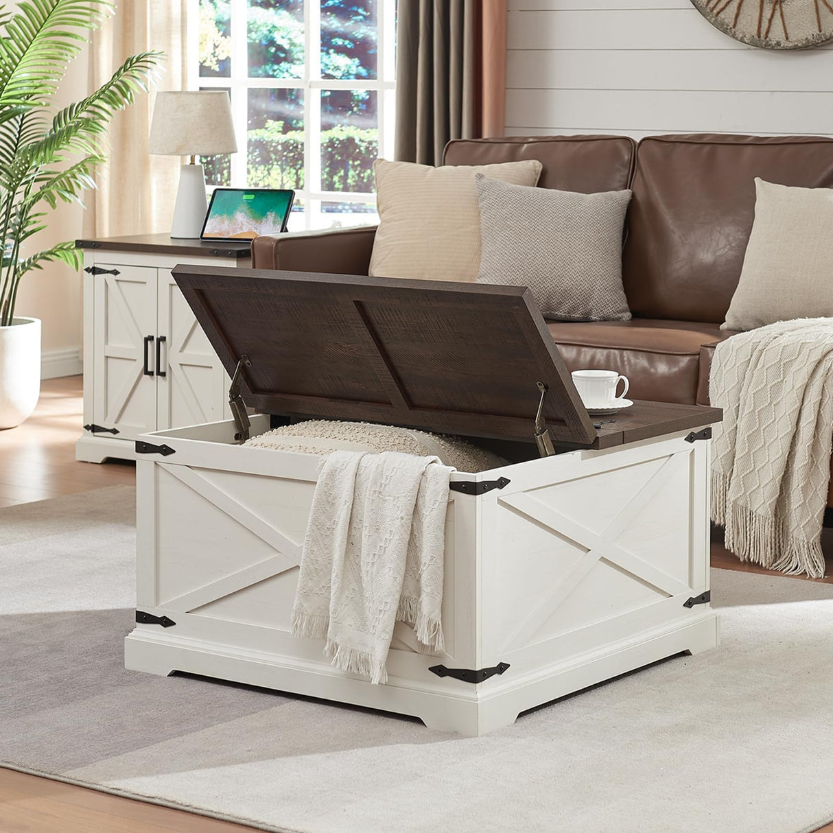 Barnyatoh Farmhouse Square Coffee Table with Storage, Wood Center Table with Hinged Lift Top, Rustic Cocktail Table with Large Hidden Storage Compartment for Living Room, Bedroom,Antique White Barnyatoh